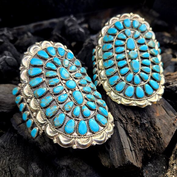 2 Large Sterling Silver & Turquoise cuff bracelets signed by DLW Navajo artist - Picture 3 of 16